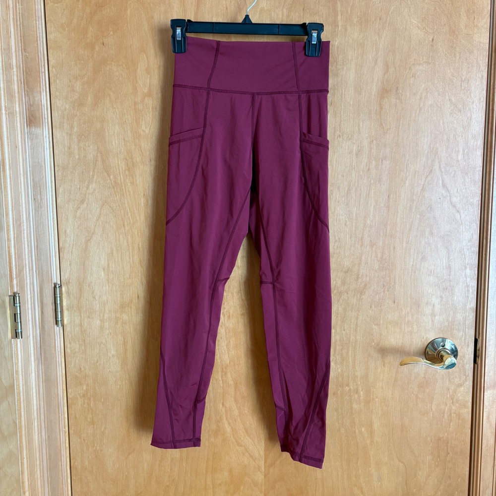 P'tula‎ Women's Athletic Leggings Burgundy Side Pockets Yoga Gym Workout Large